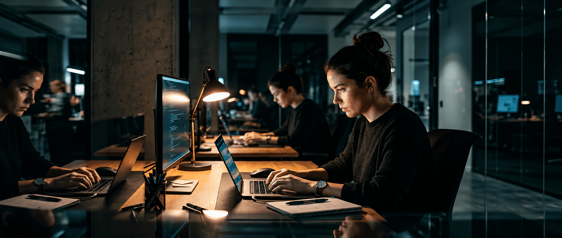 Mulher trabalhando em um notebook em um escritório.